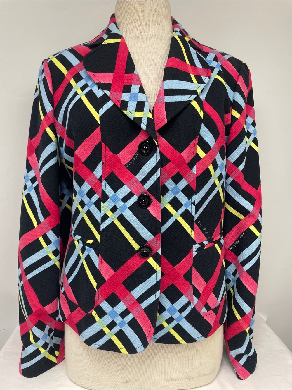 Love Moschino Black Plaid Blazer with Pink, Light Blue & Yellow Stripes